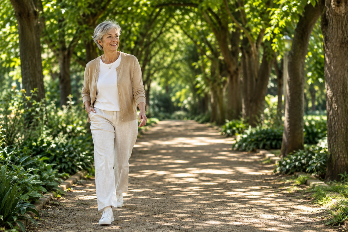 Mujer caminando sonriente por un sendero arbolado en un parque